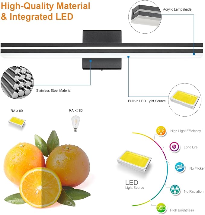 SineRise 24-Inch LED Modern Bathroom Vanity Light Bar, Matte Black Modern Acrylic Bathroom Wall Lighting Fixtures Over Mirror (Cool White 6000K)