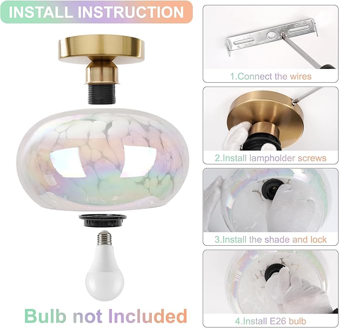 FRIDEKO HOME Glass Ceiling Light - Farmhouse Hallway Lighting Fixtures Ceiling Semi Flush Mount Ceiling Light Fixture for Kitchen Bathroom Entryway Porch (Rainbow-8.66 inch)