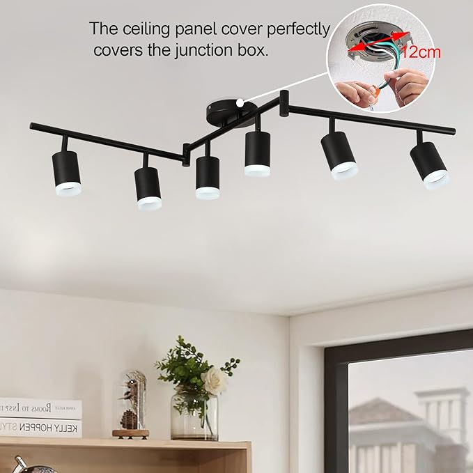 Plug in Track Lighting Kit, 120cm LED 6 Light Kitchen Track Lighting Corded Wall Light with 16.4ft Cord 6 Way Ceiling Spot Lighting Flexibly Rotatable Head Includes 6xGU10 Bulb (6 Black-Acrylic-120cm)
