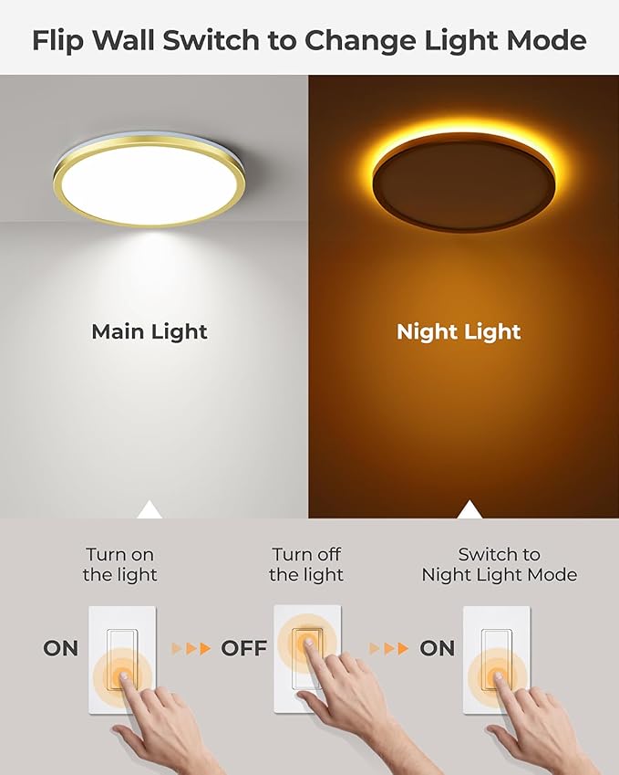 Matane 12 Inch LED Flush Mount Ceiling Light Fixture with Night Light, 24W 2400LM 3000K/4000K/5000K Selectable, Dimmable Ceiling Lights for Bedroom, Dining Room, Kitchen, Round Gold