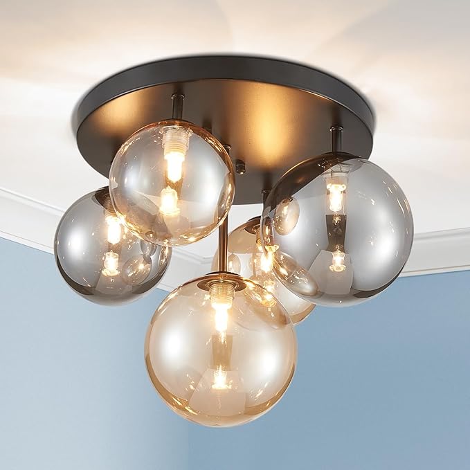 AGV LIGHTING Flush Mount Ceiling Light Fixture, Modern Bubble Glass Ceiling Light with Black Metal Frame, 5-Light G9 Base Black Ceiling Lamp for Bedroom Living Room Kitchen Dining Room