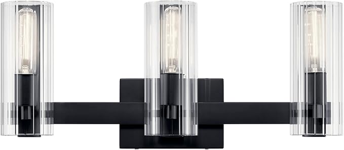 Kichler Jemsa 3-Light Bathroom Vanity Light Fixture, Modern Wall Mount Light with Clear Fluted Glass in Black for Bathroom or Powder Room (9.75" x 22.75"), 55168BK