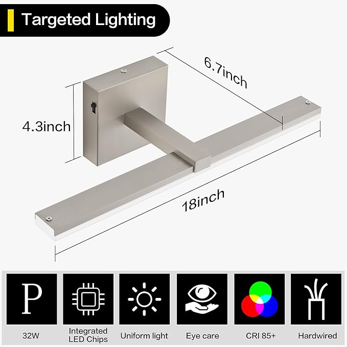 ZUZITO 18 Inch Bathroom Vanity Light Over Mirror Brushed Nickel Arm Extra Wide LED Bar 6000K Daylight ETL IP44 CRI85+