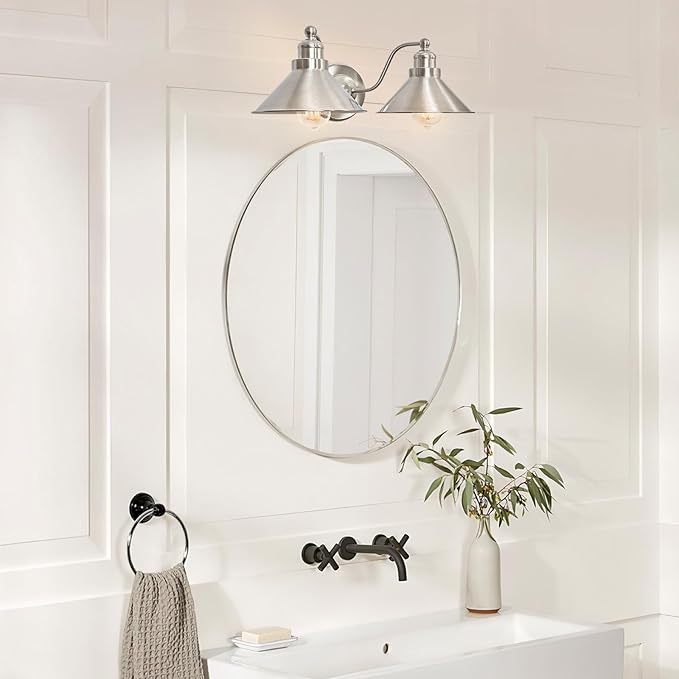 Kira Home Welton 19" 2-Light Modern Farmhouse Vanity Light with Dual Funnel Shades, Industrial Silver Wall Sconce Bathroom Light, Brushed Nickel Finish
