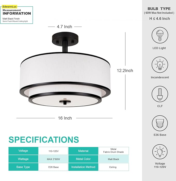 3-Light Semi Flush Mount Ceiling Light, 16" Drum Light with White Fabric Shade, Modern Close to Ceiling Lamp for Living Room Bedroom Dining Kitchen Hallway Entry (Matte Black)