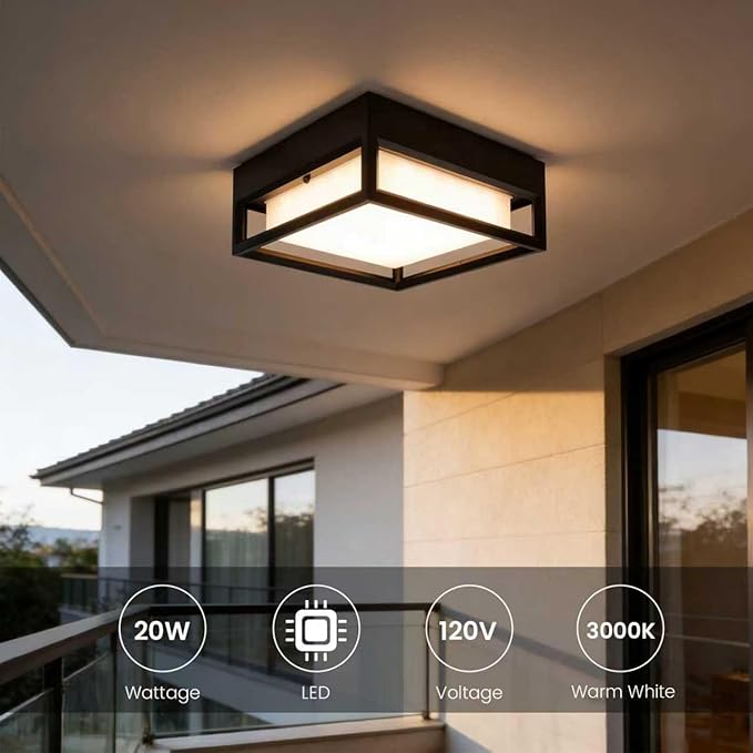Out/Indoor Flush Mount Ceiling Light, Square Flush Mount Outdoor LED, Pendant Mounted Light, Ceiling Light Fixture, LED 20W, 2000 Lumen 3000K, Suitable for Wet Location(11inch)
