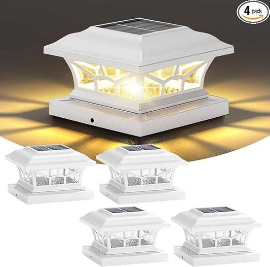 4 Pack Solar Post Cap Lights Outdoor Waterproof, Fits 4x4, 5x5, 6x6 Wooden & Vinyl Fence Decks with Warm & Cool White Light Modes (Classic White, 4)