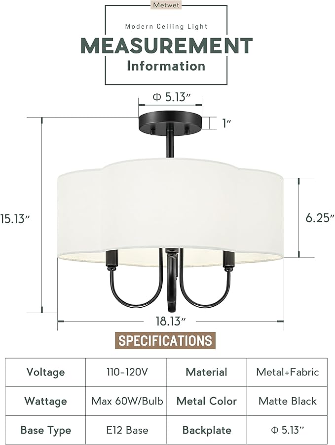 18" Semi Flush Mount Ceiling Light, 4-Light Vintage Light Fixtures Ceiling Mount with Fabric Shade in Quatrefoil for Kitchen Nursery Entryway Hallway Bedroom, Matte Black, SM179-MB-L