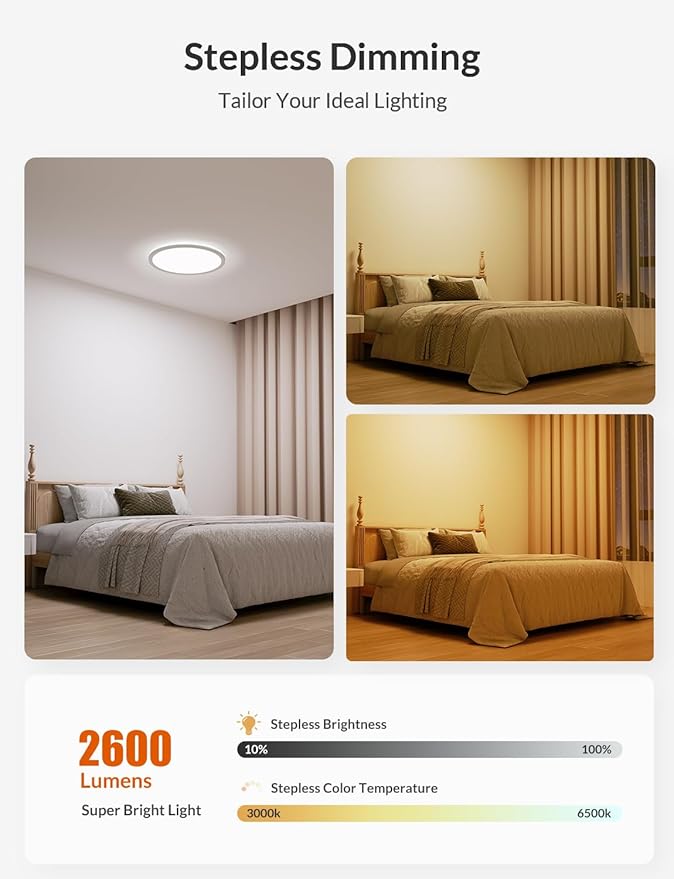 LEPOWER-TEC LED Flush Mount Ceiling Light with Remote, 12 Inch 24W 2600LM Wired RGB Ceiling Lights Fixture with Nightlight and Timer, 3000K-6500K Dimmable Lights for Bedroom, Kitchen, Hallway, 1 Pack