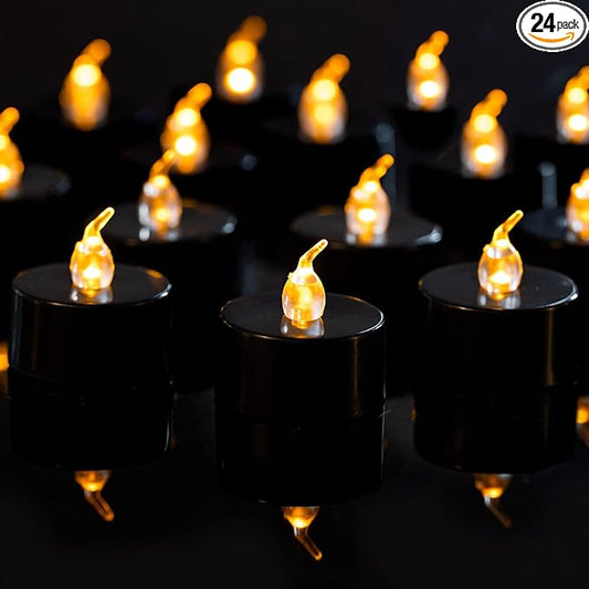 LANKER 24 Pack Black Tea Lights Candles, Flickering Warm Yellow Flameless LED Tealights, Long Lasting Battery Operated Fake Candles, Decoration for Wedding, Halloween and Christmas