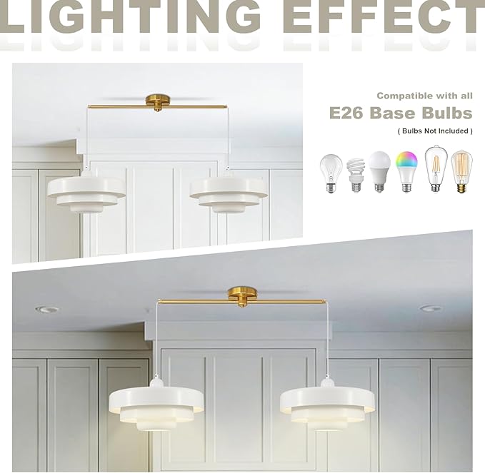 Farmhouse White Pendant Light, 2-Light Industrial Chandelier, Vintage Adjustable Hanging Lights for Kitchen Island, Dining Room, Bedroom, Entryway, Coffee Bar