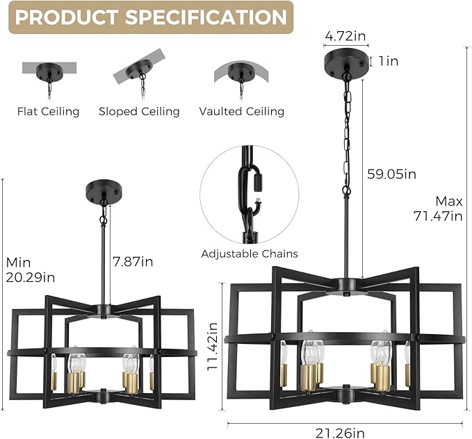 Black and Gold Chandelier, 6-Light Modern Farmhouse Industrial Metal Pendant Light Fixture for High Ceiling, Dining Room, Kitchen Island, Living Room, Entryway, Foyer, Adjustable Height