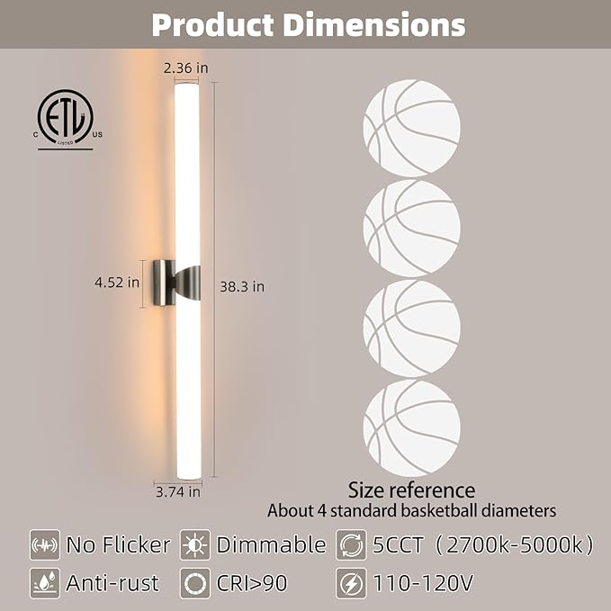 Modern Wall Sconce 39 Ihch Brushed Nickel Bathroom Sconces LED Wall Lighting Fixtures with Acrylic Shade Hardwired Long Vanity Lights Over Mirror for Bedroom Living Room Hallway