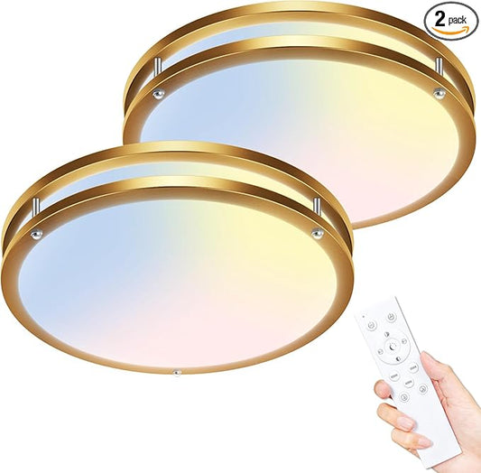 libtit 2Pack 13Inch Gold Ceiling Lights with Remote, Dimmable 5CCT 24W 2400lm Bright LED Flush Mount Light Fixture with Timer for Bedroom Kitchen Closets Hallway