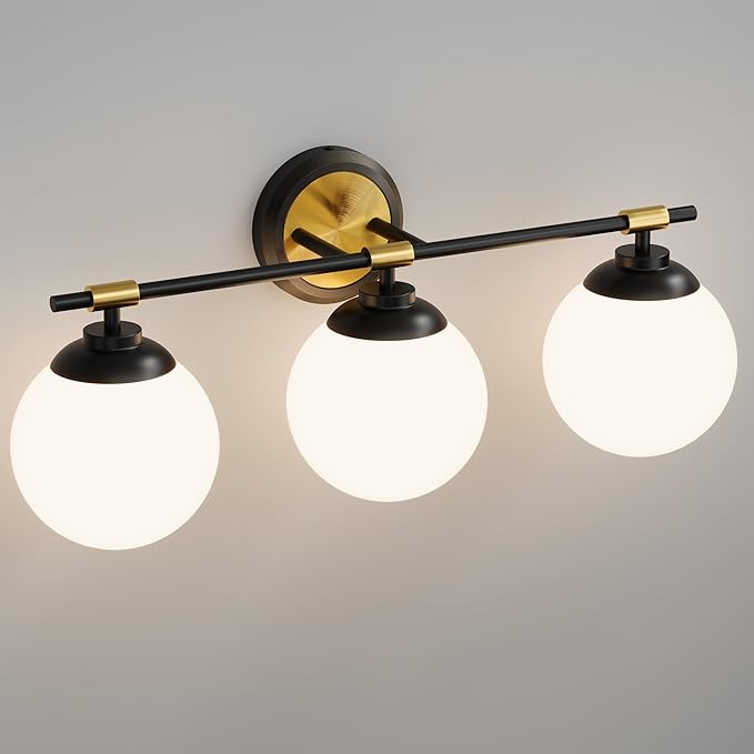 Rayogale Bathroom Light Fixtures, ETL 3 Lights Black Gold Vanity Lights Over Mirror with Milk Glass Soft Lighting Bathroom Wall Sconces for Living Room Bedroom (Exclude E26 Bulb)