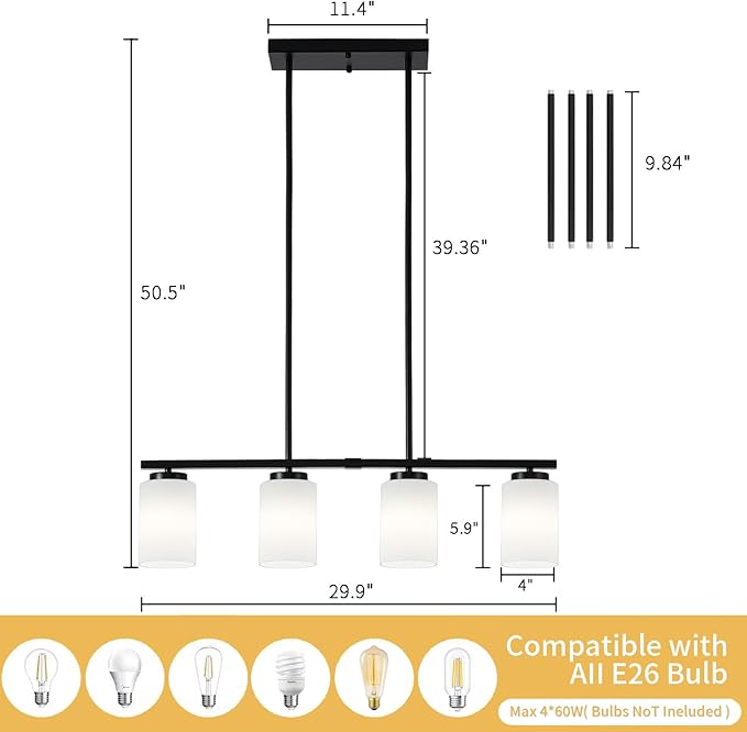 Modern Island Lights for Kitchen, Black Dining Room Light Fixtures, 4-Light Farmhouse Linear Chandeliers Over Table White Frosted Glass Adjustable Hanging Light Kitchen Pendant Lighting Over Island