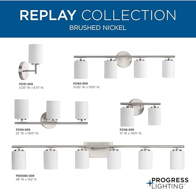 Progress Lighting Replay Collection 1-Light Etched White Glass Modern Bath Vanity Light Brushed Nickel, E26