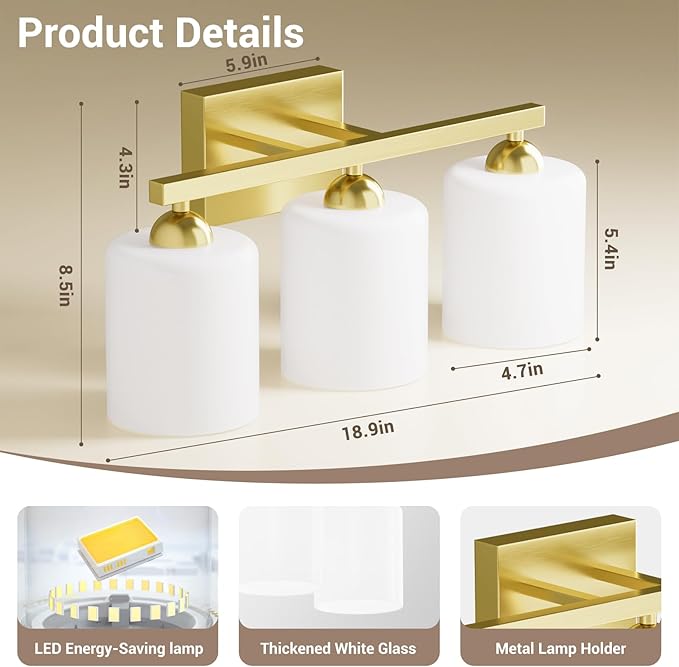 Quntis Gold Bathroom Light Fixtures Over Mirror 5 Colors Adjustable, 3-Light LED Bathroom Vanity Lighting with Milky White Frosted Glass Shade, Energy-Saving LED Vanity Light 18.9 inch