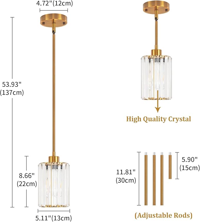 2 Pack Brushed Gold Pendant Lights Kitchen Island, Modern Crystal Kitchen Pendant Lighting Over Island Dining Room Light Fixtures Adjustable Hanging Pendant Light for Bathroom Hallway Foyer Bedroom
