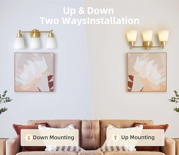 Milk Glass Bathroom Vanity Light Over Mirror, 3 Light Brushed Gold Stainless Steel Wall Mount Modern Vanity Light Fixture with Frosted Glass for Bathroom