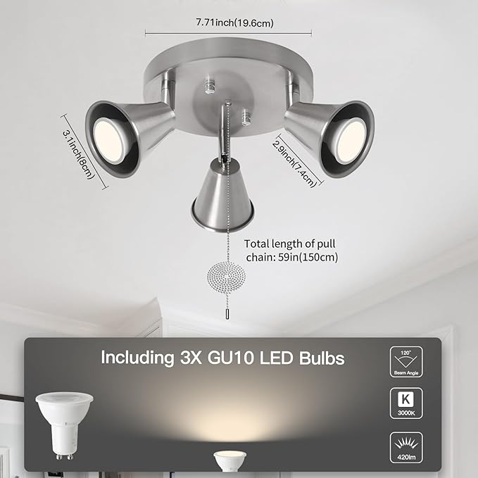 SEEBLEN 3-Light Industrial Directional Track Lighting with Pull Chain On/Off, Adjustable Round Ceiling Spotlight, Morden Nickel Flush Mount Kitchen Light for Hallway,Dining Room,Gu10 Bulbs Included