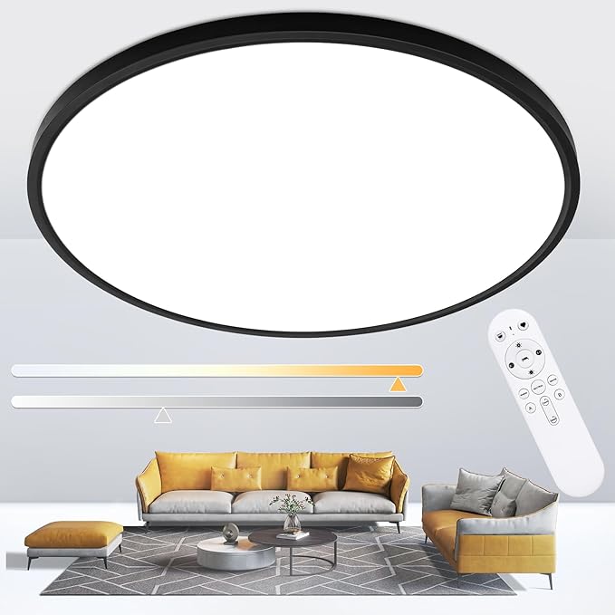 20 Inch Black Led Ceiling Light, Dimmable with Remote Control, Modern, Ultra Thin Flush Mount, Round Light Fixtures, 48W, 4800 Lumen, for Bedroom, Living Room, Kitchen, Dining Room