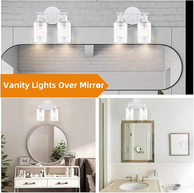 WISBEAM 2-Light Bathroom Vanity Light, White Bathroom Light Fixture with Clear Glass Shade Including E26 Medium Base, Bulb NOT Included, Vanity Light Over Mirror