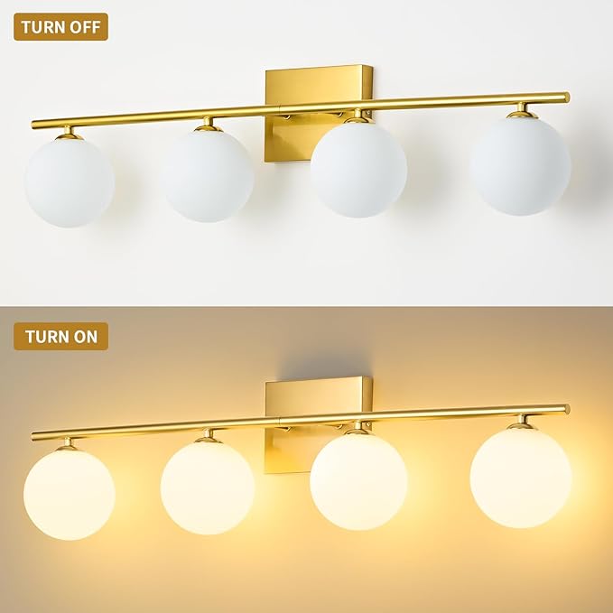 4-Light Bathroom Light Fixtures, 32" Modern Brushed Gold Vanity Lights with Milk Glass Shade, Bathroom Wall Lamp for Mirror Kitchen Living Room Hallway (G9 Bulb)