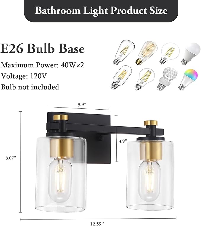 2 Light Bathroom Vanity Light, Black and Gold Bathroom Vanity Light, Bathroom Lighting Fixtures Over Mirror with Clear Glass Shade, Bathroom Light for Bathroom (E26 Base)