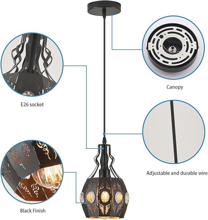 YLONG-ZS Black Lantern Pendant Lights Bedroom Restaurant 2 PK, Farmhouse Kitchen Island Pendant Ceiling Light with 6.07 Ft Wire, Hanging Pendant Lighting for Restaurant Bedroom Dining Room Living Room