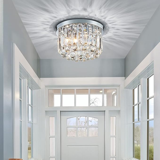 AGV LIGHTING 16061 K9 Crystal Flush Mount Ceiling Light Fixture, Close to Ceiling, Modern Design, 3-Lights, Perfect for Foyer, Living Room, D12 x H10, Chrome Finish