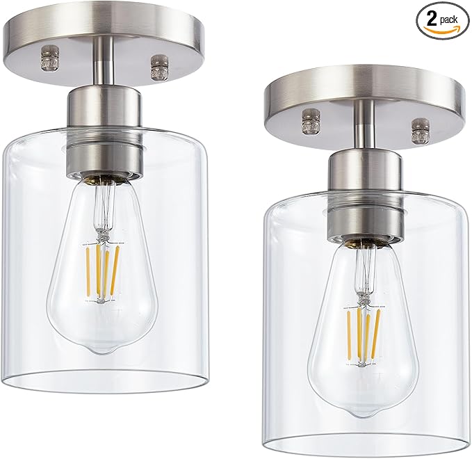 Semi Flush Mount Ceiling Light, 1 Light Brushed Nickel Ceiling Lights, Modern Kitchen Lighting Fixtures Ceiling, Light Fixtures Ceiling Mount with Glass Shade for Kitchen Hallway Foyer(2 Pack)