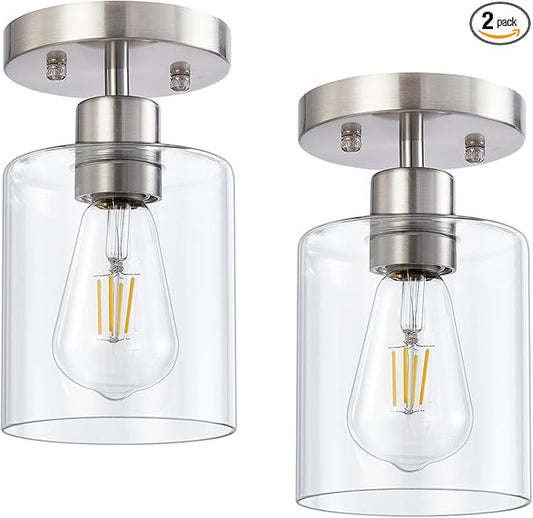 Semi Flush Mount Ceiling Light, 1 Light Brushed Nickel Ceiling Lights, Modern Kitchen Lighting Fixtures Ceiling, Light Fixtures Ceiling Mount with Glass Shade for Kitchen Hallway Foyer(2 Pack)