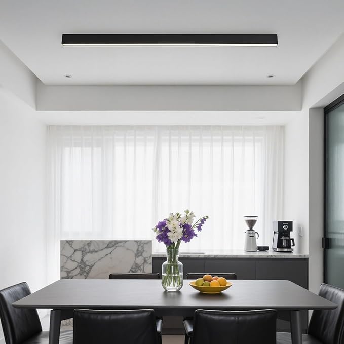 Black ceiling light LED, modern and simple, long strip ceiling surface installation, suitable for living room, bedroom, corridor and kitchen, remote control to switch color and brightness, 47.2inches