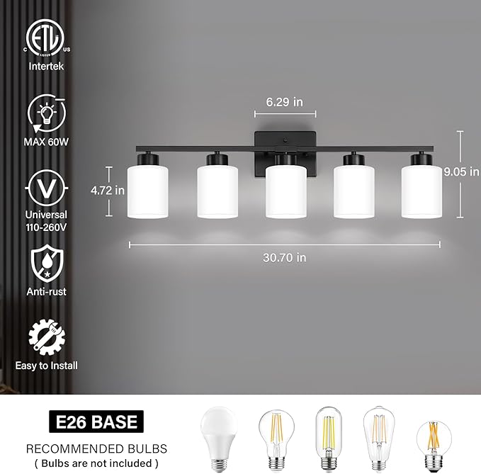 FonmYim Black Bathroom Light Fixtures, 5-Light Modern Vanity Light Over Mirror, Wall Sconces with Milky White Frosted Glass Shades, E26 Socket (Bulbs Not Included)