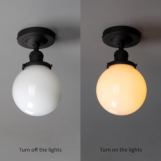 PERMO Modern Semi Flush Mount Ceiling Pendant Light Ceiling Lights with Milk White Globe Glass Lampshade for Bedroom Entryway Corridor (Black)