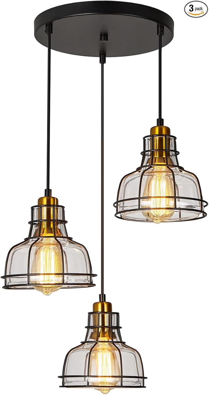 WILON Pendant Lighting for Kitchen Island, Industrial 3 Light Pendant Ceiling Light Fixture, Farmhouse Chandelier for Dining Room Cluster Pendant Light Fixtures Hanging Light with Clear Glass Shades