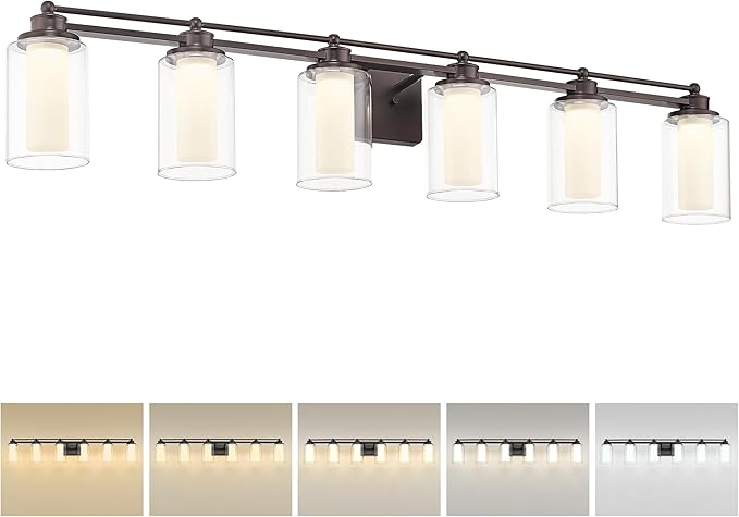 Bathroom Light Fixtures 6 Light, HWH Oil-Rubbed Bronze Vanity Light Over Mirror, 44 Inch Wall Lights with 36W 5CCT Dimmable LED, 5HLT63B-6W-LED ORB