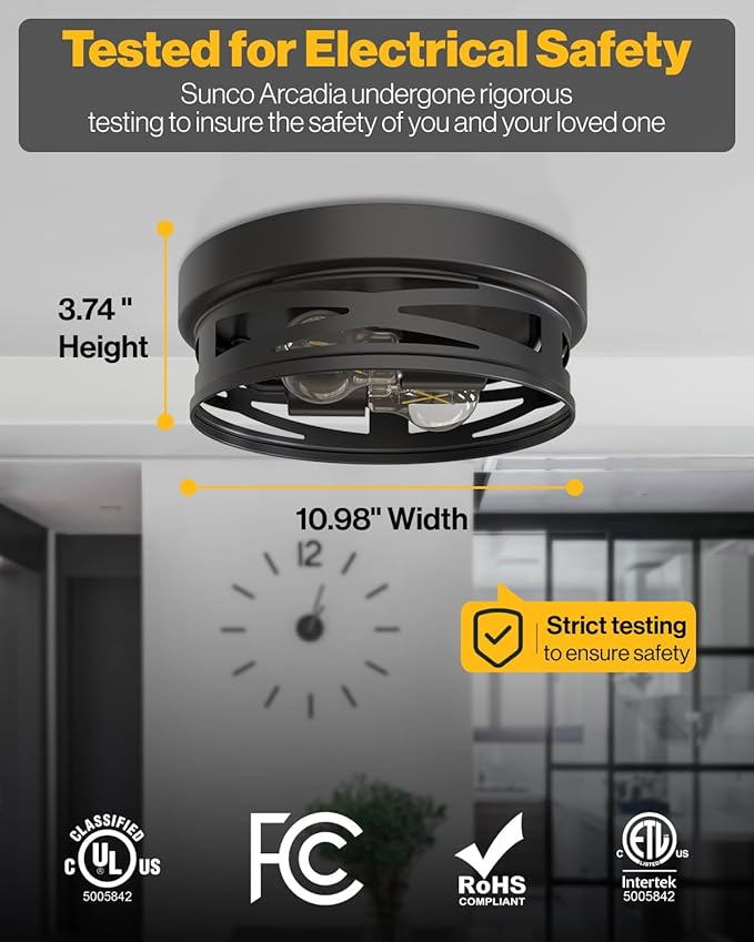 Sunco Flush Mount Ceiling Light, Farmhouse Light Fixtures, Hallway Ceiling Light Arcadia Industrial, 11" Diameter, 800 LM, Dimmable A19 Edison LED Bulbs Included, E26 Base, 8.5W=60W UL/ETL/T20 2 Pack.
