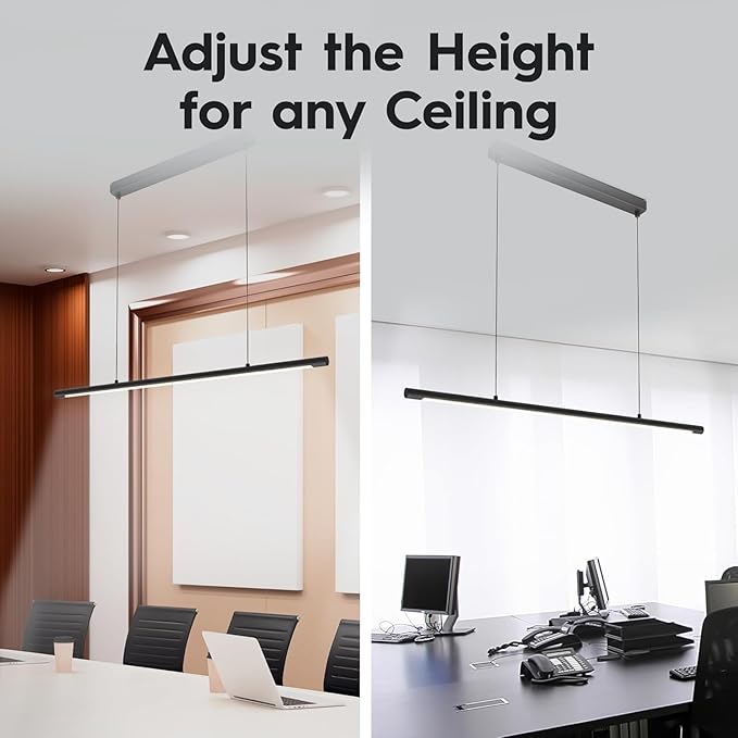 LED Linear Pendant Light, Office Light, Flicker-Free, Dimmable, Modern Ceiling Lighting for Bedroom Dining Room Table, 20W 5000K Cold Light 47.2" Black