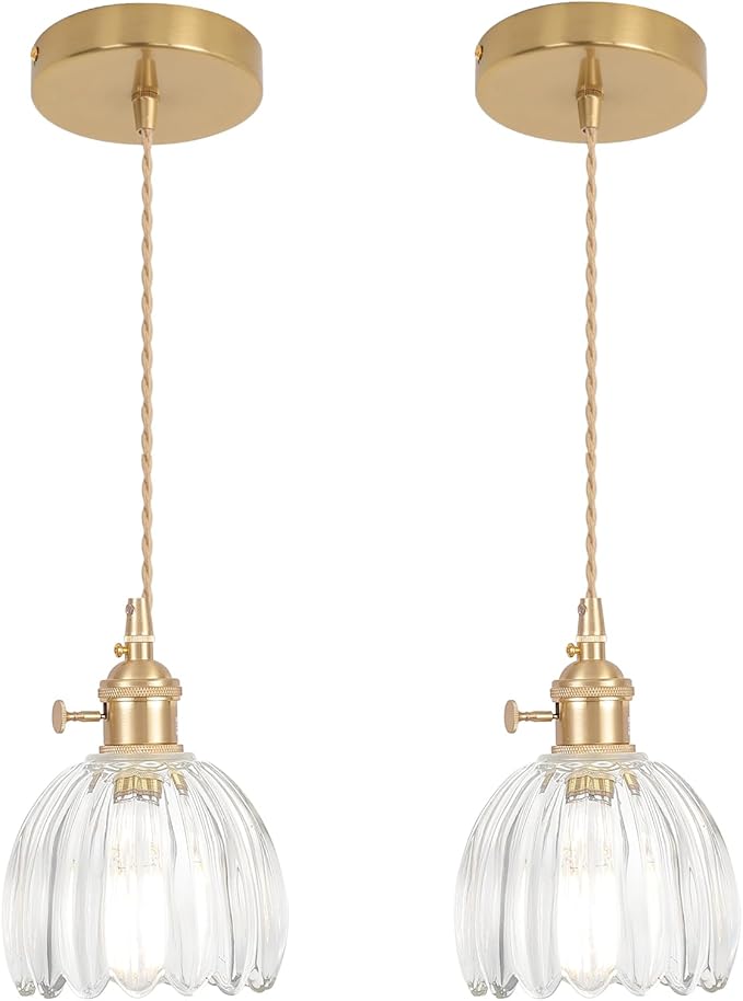 Shenmoyl Pendant Light 2 Pack with Clear Tulip Glass Lmapshade, Brass Vintage Pendant Light Adjustable Hanging Light for Kitchen Island Dining Room Hallway