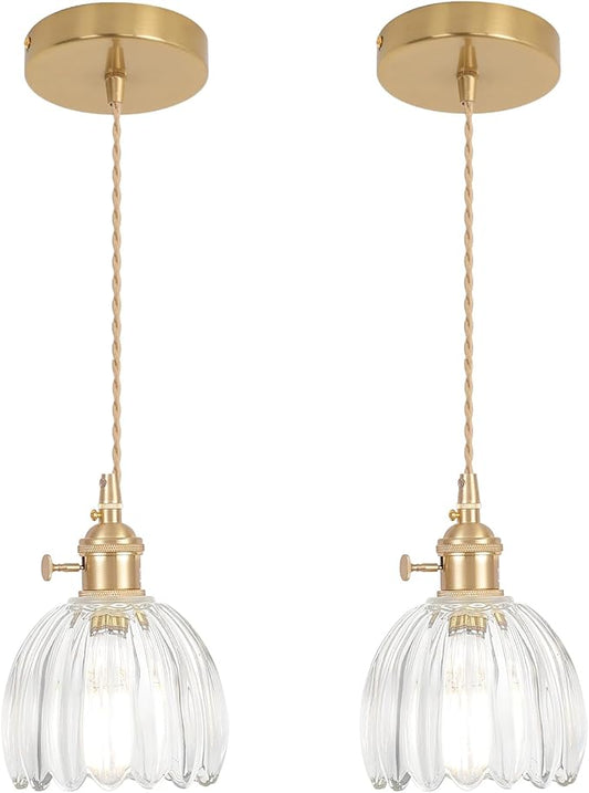 Shenmoyl Pendant Light 2 Pack with Clear Tulip Glass Lmapshade, Brass Vintage Pendant Light Adjustable Hanging Light for Kitchen Island Dining Room Hallway