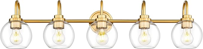 Bathroom Light Fixtures, 5-Light Brushed Gold Vanity Lights with Globe Clear Glass, 35 Inch Champagne Bronze Vanity Lighting Fixtures Over Mirror, AD-22280-5W-GD
