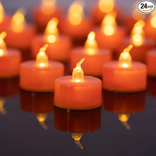 LANKER 24 Pack Orange Tea Lights Candles, Flickering Warm Yellow Flameless LED Tealights, Long Lasting Battery Operated Fake Candles, Decoration for Wedding, Halloween and Christmas (Orange)