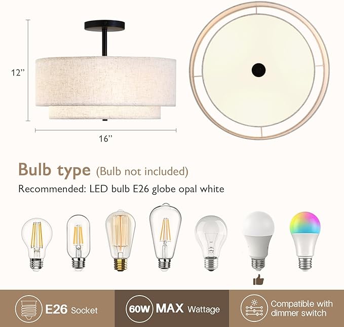 16" Double Drum 3-Light Semi Flush Mount Ceiling Light, Classic Fabric Linen Shade Design for Living Room, Bedroom, Kitchen, Dining Room, Hallway and Entryway