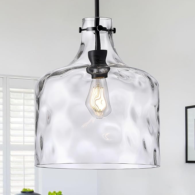 12" Farmhouse Pendant Light, Hand-Blown Clear Hammered Glass Hanging Ceiling Light Fixture with Black Finish and Adjustable Chain, Modern Rustic Lighting for Kitchen Island, Dining Room, E26 Socket