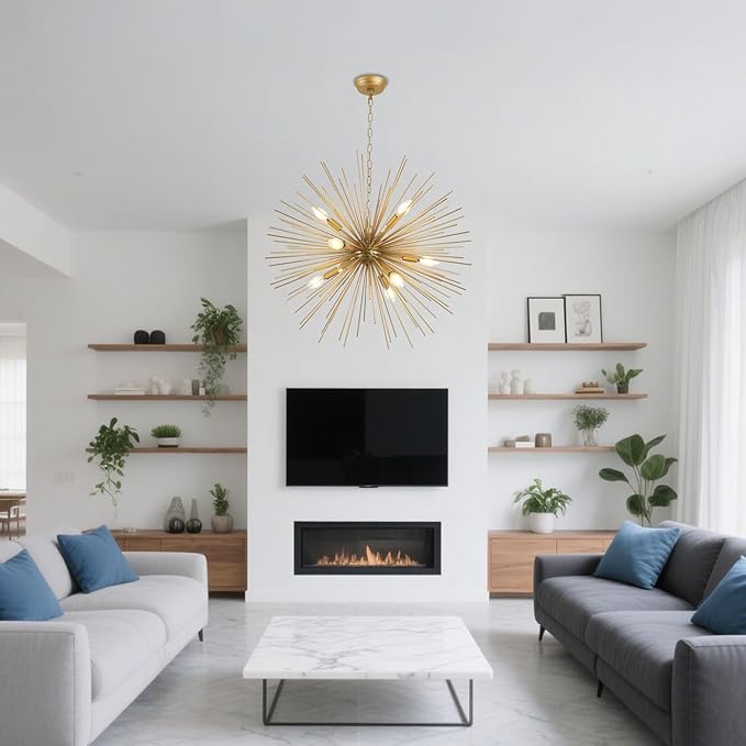 28" Gold Sputnik Chandeliers 9-Light Modern Mid-Century Chandelier Light Fixture Urchin Starburst Firework Chandeliers for High Ceilings, Dining Room, Kitchen, Living Room, Entryway, E12