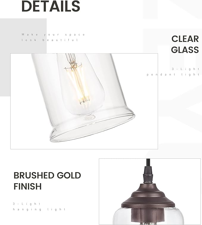 zeyu 3-Light Cluster Pendant Light, Farmhouse Hanging Lights for Kitchen, Oil Rubbed Bronze Pendant Light Fixtures Adjustable with Clear Glass Shade, ZSL104-3 ORB