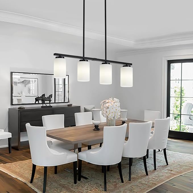 Modern Island Lights for Kitchen, Black Dining Room Light Fixtures, 4-Light Farmhouse Linear Chandeliers Over Table White Frosted Glass Adjustable Hanging Light Kitchen Pendant Lighting Over Island
