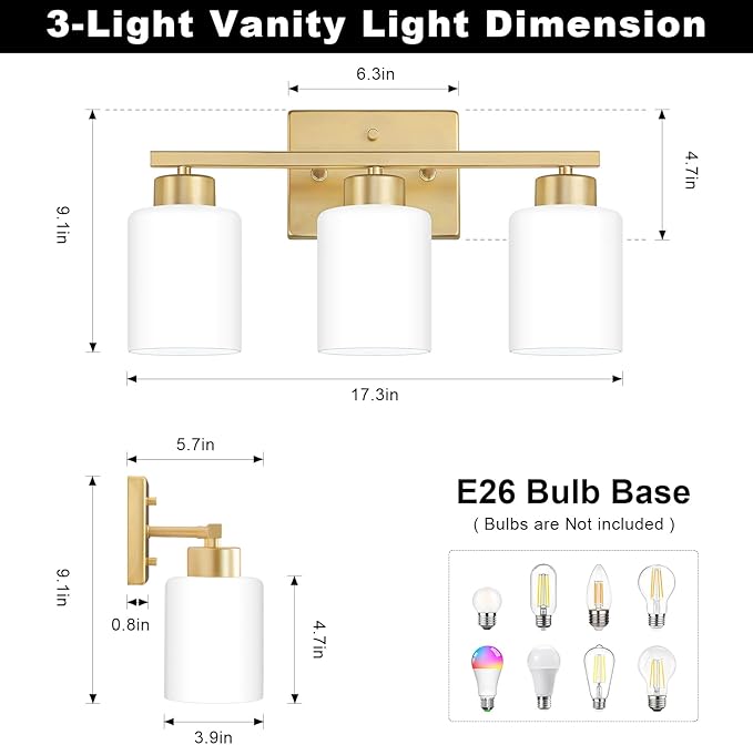 FonmYim Gold Bathroom Light Fixtures, 3-Light Modern Vanity Light Over Mirror, Wall Sconces with Milky White Frosted Glass Shades, E26 Socket (Bulbs Not Included)
